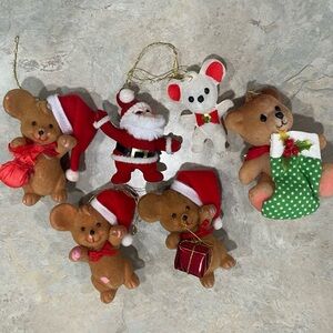 Vintage Set of 6 Ornaments With Flocked Texture Mice’s Bear And Santa